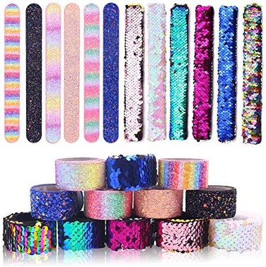 VGOODALL 12 PCS Glitter Slap Bracelet Kids Sequin Bracelet Mermaid Bracelet Flip Wristband Bracelet Kids Birthday Party Favors Supplies.