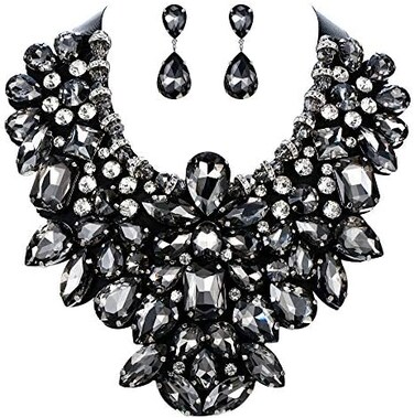 Flyonce Costume Jewelry for Women, Rhinestone Crystal Statement Necklace Earrings Set Dark Black.