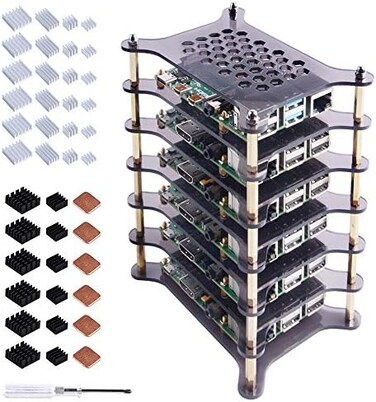 GeeekPi 6-Layer Cluster Case for Raspberry Pi 4/3/2, Stackable Case with Heatsinks, Brown.