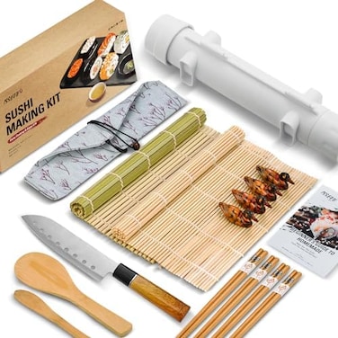 ISSEVE Sushi Making Kit, Bamboo Sushi Mat, All In One Sushi Bazooka Maker with Bamboo Mats, Bamboo Chopsticks, Paddle, Spreader, Sushi Knife, Chopsticks Holder, Cotton Bag, DIY Sushi Roller Machine.
