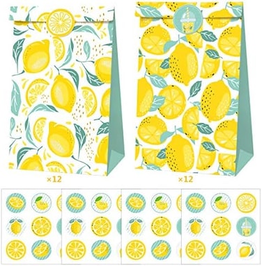 Cieovo 24 pcs Favor Bags Paper Gift Bags, Goodie Candy Bags Kraft Treat Paper Bags with Stickers for Summer Lemon Theme wedding Birthday Baby Shower Party Supplies Decoration.