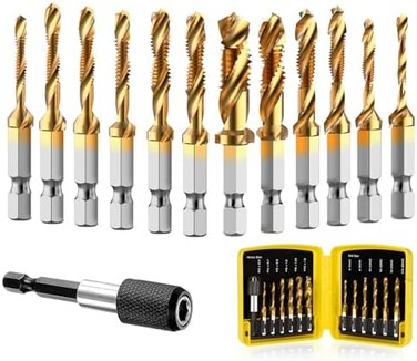 THINKWORK Combination Drill TapTap Bit Set, 3-in-1 Titanium Coated Screw Tapping Bit Tool for Drilling, Tapping, Countersinking, with Quick-Change Adapter, 13 PCS SAE/Metric.