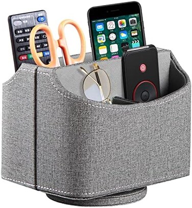 PUSU Leather 360Rotatable Remote Control Holder,Nightstand TV Remote Caddy,Office Supplies Desktop Organizer,Spinning Storage Box for Pen,Mail,Phone,DVD, Blu-Ray, Media Player, Heater Controllers.