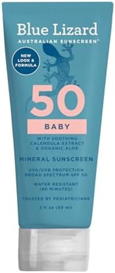 BLUE LIZARD Baby Mineral Sunscreen with Zinc Oxide, SPF 50, Water Resistant, UVA/UVB Protection with Smart Cap Technology - Fragrance Free, 3 Ounce Tube.