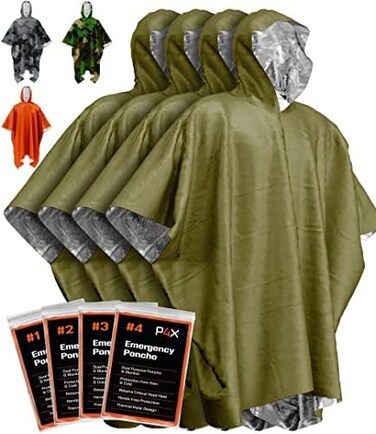 PREPARED4X Emergency Rain Poncho with Mylar Blanket Liner - Survival Blankets for Car - Heavy Duty, Waterproof Camping Gear, Tactical Prepper Supplies&ndash; 4 Pack (Green.