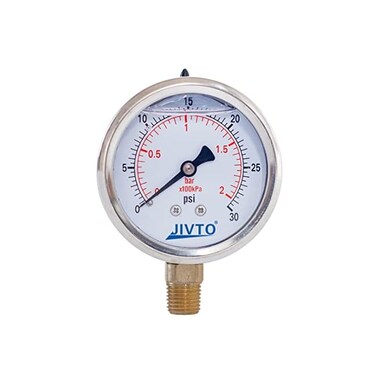 JIVTO Pressure Gauge,Liquid Filled,2 1/2" face Dia,0-30 psi/bar/kpa,1/4" NPT Male Brass Connection,Lower Mount, Polycarbonate Lens Window, Stainless Steel case.