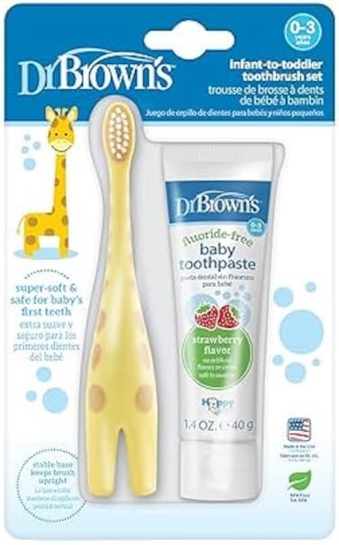 Dr. Brown's Infant-to-Toddler Training Toothbrush Set with Strawberry Fluoride-Free Toothpaste 1. 4 oz, Soft for Baby's First Teeth, Giraffe, BPA Free, 0-3 Years.