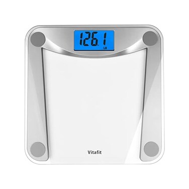Vitafit Digital Bathroom Scale for Body Weight,Weighing Professional Since 2001,Extra Large Blue Backlit LCD and Step-On, Batteries Included, 400lb/180kg,Clear Glass,Silver.