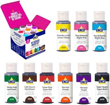 ENCO KIT WITH 9 BASIC GEL FOOD COLORS (1. 4 OZ EA BOTTLE OF COLOR.
