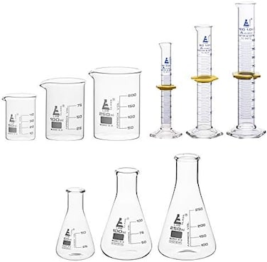 Eisco Premium Glassware Set, 9 Pieces - Includes 3 Beakers, 3 Erlenmeyer Flasks3 ASTM, Class A Measuring Cylinders - Borosilicate 3. 3 Glass - Labs.