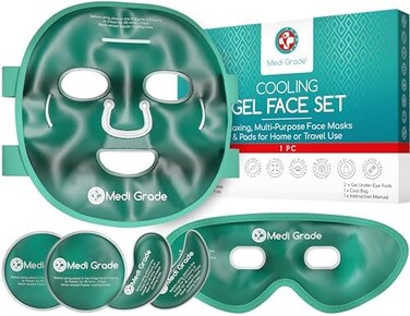 Medi Grade Cooling Face Mask and Cold Eye Mask - Safe Gel Technology Complete Eye, Under Eye and Face Ice Pack Set - Soothing Cold Face and Eye Masks for Dark Circles and Puffiness - Cool Bag Incl.