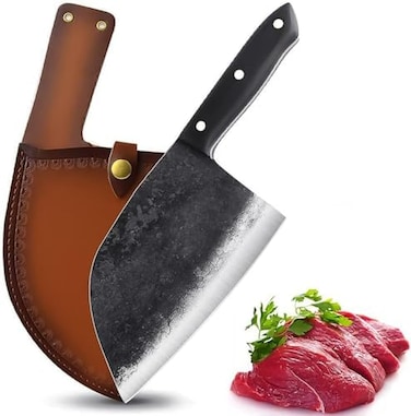 Dream Reach Forging Serbian Chef Knife Kitchen Chef Knives Full Tang High Carbon Clad Steel Almasi Butcher Cleaver with Leather Sheath (B-Almasi Knife.