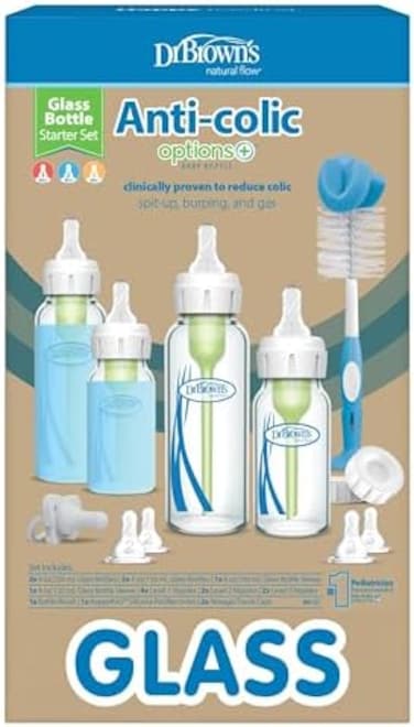 Dr. Brown's Natural Flow Anti-Colic OptionsNarrow Glass Baby Bottle Starter Set with Silicone Glass Bottle Sleeves, Baby Bottle Brush and Soft 100% Silicone HappyPaci Pacifier for Newborns.