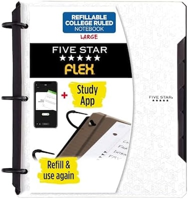 Five Star Flex Refillable NotebookStudy App, College Ruled Paper, 2. 5 cm TechLock Rings, Pockets, Tabs and Dividers, 200 Sheet Capacity, White (29328AE2.