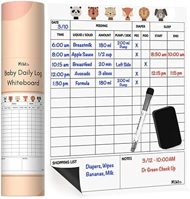 Mewl Baby Daily Log Whiteboard - Reusable Baby Tracker to Log Feeding, DiapersSleep - Newborn Baby JournalSchedule Chart for New Parents, Nanny, Babysitter - PregnancyNew Mom Gift.