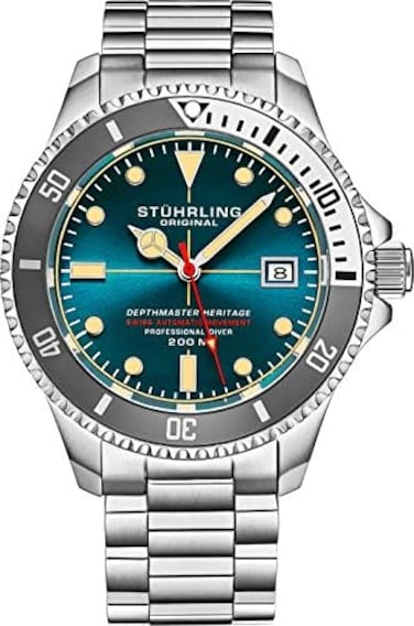 Stuhrling Original Mens Swiss Automatic Stainless Steel Dive Watch, 200 Meters Water Resistant, Brushed and Beveled Bracelet with Safety Clasp and Screw Down Crown.