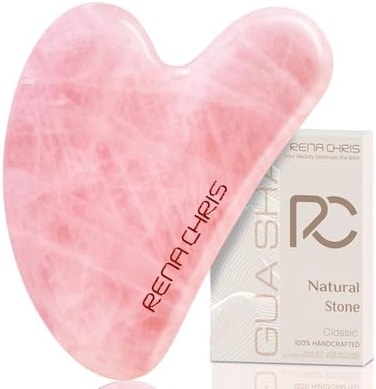 Rena Chris Gua Sha Facial Tools, Natural Rose Quartz Stone Guasha Tool, Manual Massage Sticks for Jawline Sculpting and Puffiness Reducing, Gua Sha Scraping Massage Tool, Skin-Care Gift (Pink.