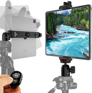 KobraTech iPad Tripod Mount Holder, Fits iPad Pro 12. 9, Air, Mini, Tab and MoreIncludes Swivel Ball Head and Bluetooth Remote TabMount 360 iPad Holder for Tripod.