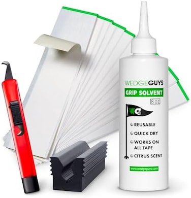 Wedge Guys Golf Grip Kits for Regripping Golf Clubs - Professional Quality - Options Include Hook Blade, 15 or 30 Golf Grip Tape Strips, 5 or 8 oz Golf Grip SolventRubber Vise Clamp.