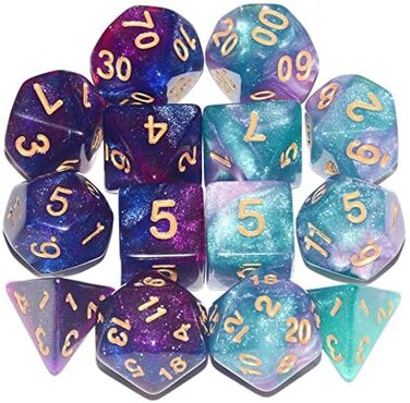 Anduin Wind "Galaxy DND Dice 2 X 7Sets, 14Pieces Glitter Sparkle Cosmic Mixed Polyhedral DND Dice for RPG MTG Table Game Dice.