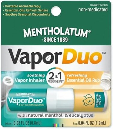 Mentholatum Vapor Duo, Non-Medicated Nasal Vapor Inhaler, Essential Oil Rub, 2-in-1 Aromatherapy Stick Soothes Irritated Nasal Passages Due to ColdsSeasonal Irritants, Natural MentholEucalyptus.