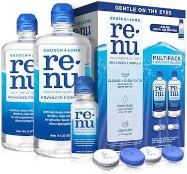 Renu Contact Lens Solution by, Multi-Purpose Disinfectant, Advanced Formula Kills 99. 9% of Germs, 16 Fl Oz (Pack of 2, Includes 2 Fl Oz Travel Size.