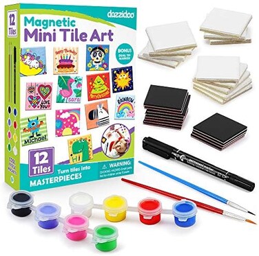 dazzidoo Magnetic Mini Tile Art - DIY Craft Kit; Design and Paint Magnet Tiles - Kids Paint ArtsCrafts Project; Includes 12 Tile Magnets, 8 Paint Colors, 2 Brushes and Marker; Fun Ceramic Tile Paintin