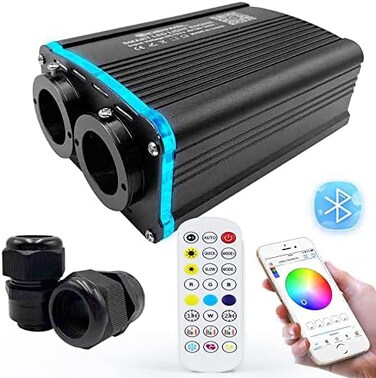 GIDERWEL Smart APP LED Fiber Optic Lights Engine Driver Dual Port RGBW,Bluetooth Color Changing Fiber Optic Star Ceiling Light Source with RF Remote Control for All Kinds of Fiber Optics Cable.