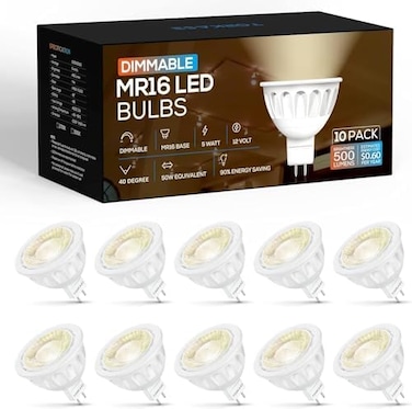 Torkase MR16 LED Bulb, GU5. 3 LED Dimmable, 2700K Warm White, 90% Energy Saving Lamp, 50 Watts, MR16 LED 5W, 12V, Pack of 10.
