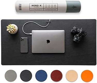 Nordik By Design Nordik Leather Desk Mat Cable Organizer (Pebble Black 35 X 17 inchPremium Extended Mouse Mat for Home Office Accessories - Felt Vegan Large Leather Desk Pad ProtectorDesk Blotter Pads