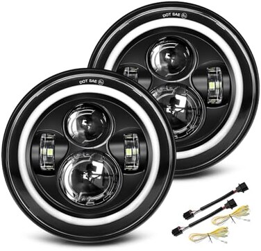مصباح أمامي LED دائري 7 بوصة من UNI-SHINE H6024، مصباح أمامي LED أبيض، ضوء نهاري، هالة كهرمانية، إشارة انعطاف، معتمد من وزارة النقل الأمريكية، شعاع عالي/منخفض، متوافق مع جيب رانجلر JK TJ CJ، متوافق مع
