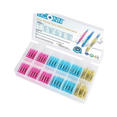 TICONN 100PCS Heat Shrink Butt Wire Connector Kit, Insulated Waterproof Electrical Wire Crimp Terminals Butt Splice for Marine Automotive (100PCS.