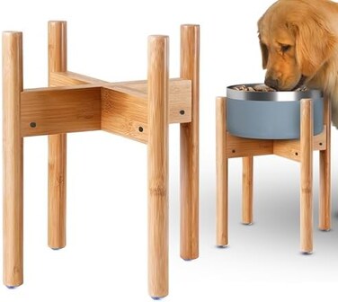 ZPirates Adjustable Dog Bowl Stand for Large Dogs - 8"-11" Wide, (Height 14" Tallfor Food and Water Pet Feeder Bowls - Natural Bamboo Wood.