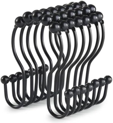 Goowin Shower Curtain Hooks, 12 Pcs Shower Curtain Rings, Stainless Steel Black Shower Curtain Hooks, Shower Curtain Rings Rust Proof, Smooth Sliding Anti-Drop Double Shower Rings for Curtain (Black.