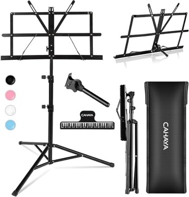CAHAYA 2 in 1 Dual Use Extra Stable Reinforced Folding Sheet Music StandDesktop Book Stand Lightweight Portable Adjustable with Carrying Bag, Metal Music Stand with Music Sheet Clip Holder CY0204.
