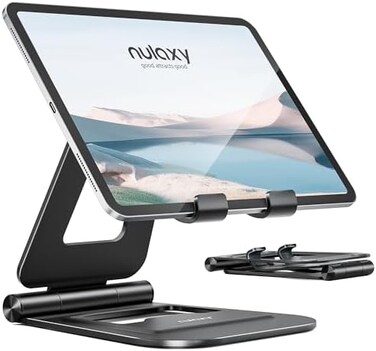 NULAXY Double Foldable iPad Stand, Fully Adjustable Desktop Tablet Holder, iPad Accessories for the Office, Compatible with 4-11 Inch Mobile Devices, iPad Pro/Air/Mini, iPhone Pro/Max/Plus, Black.
