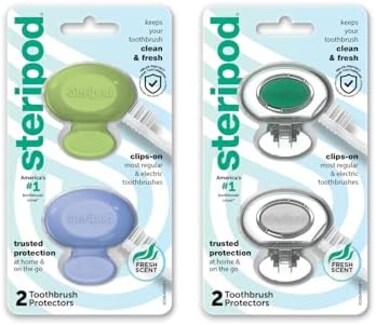 Steripod Clip-On Toothbrush Protector, Blue, Green, Red, Orange, 4 Count.