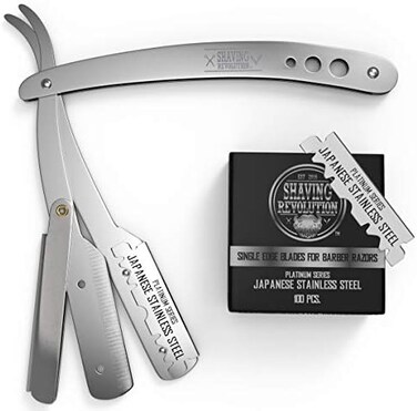 SHAVING REVOLUTION Straight Edge Barber Razor for Close - Professional Straight Blade Razor for Men with 100 Single Edge Blades- Mens Straight Razor Kit.