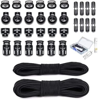 PERCARE 34 Pcs Cord Locks End Spring Toggle Stopper Zipper Pull Ends Fastener Buttons with 18 Yard Elastic Bungee Cord Stretch String for Drawstring, Shoelaces, Pants, Backpack, Bags, Luggage, DIY Cra