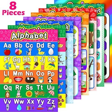 Blulu 8 Educational Preschool Posters for Toddler and Kid Learning with 60 Glue Point Dot for Nursery Preschool Homeschool Kindergarten Classroom - Teach Numbers Alphabet Colors Months and More 16 x 1