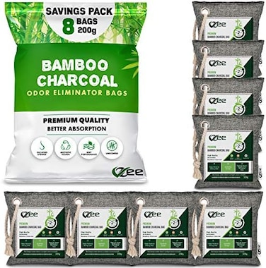 VZee Nature Fresh Air Purifier Bags, 8 Pack x 200g, 8 Ropes, Charcoal Bags Odor Absorber, Activated Bamboo Charcoal Air Purifying Bag, Odor Eliminator for Strong Odor, Diaper Pail Odor Absorber,.