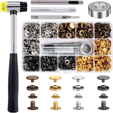 Qfun 120 Set Snap Fasteners Kit for Leather 12mm Metal Button Snaps Press Studs with 4 Setter Tools, 1 Hammer, 4 Color Leather Snaps for Clothes, Jackets, Jeans Wears, Bracelets, Bags.