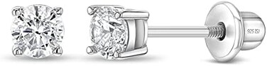 In Season Jewelry 925 Sterling Silver Kids 2mm-5mm Clear Cubic Zirconia Round Stud Solitaire Screw Back Earrings for BabiesToddlers - Baby Girl Earrings with Safety Screw Backs for Infant and Toddler