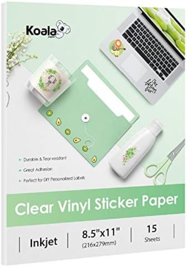KOALA PAPER 95% Clear Sticker for Inkjet Printer - Waterproof Clear Printable Vinyl Sticker - 8. 5x11 Inch 15 Sheets Transparent Glossy Sticker for DIY Personalized Stickers, Labels, Decals.