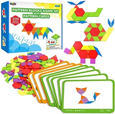 SpriteGru 300 PCS Wooden Pattern Blocks Set for Kids with 24 Double-Sided Design Cards(48 Patternsand Storage Bag in Gift Box,Fun Montessori Learning Toys.
