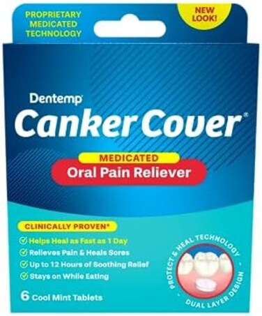 Dentemp Canker Cover - مسكن ألم قرحة الفم (6 قطع) - علاج قرحة الفم لتخفيف ألم القرحة، قرح الفم، تهيج الفم - راحة سريعة المفعول.