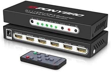 PONYBRO (Newest VersionUHD 4K 60Hz HDMI 2. 0 Switch 5 in 1 with Remote, Support Auto-Switching,High Speed-18Gbps,HDR 10,HDCP2. 2,Full 3D,1080P, HDMI Splitter for TV 4K.