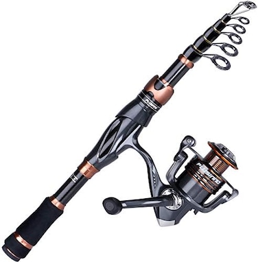 PLUSINNO Fishing Rod and Reel Combos, Bronze Warrior Toray 24-Ton Carbon Matrix Telescopic Fishing Rod Pole, 121 Shielded Bearings Stainless Steel BB Spinning Reel, Travel Freshwater Fishing Gear.
