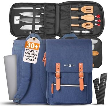 Chef Sac Chef Knife Bag Vintage Backpack30Pockets for Knives and Chef ToolsKnife Carrying Case with Hidden Back Pocket for TabletSturdy Knife Bag for ChefsCulinary Students (Heather Blue.