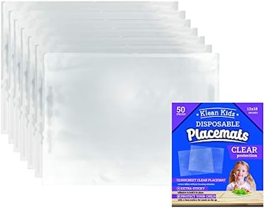 Klean Kids Clear Disposable Placemats for Baby, Toddler, Adults - Sticky Transparent Table Mat - Adhesive Table Topper Solutions for Schools, Restaurant, Airplane Tray Cover Disposable (50 Pack.